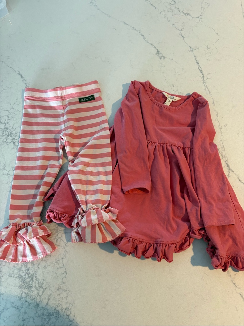 Matilda Jane Pink Ruffle Tunic and Pink-White Striped Ruffle Leggings